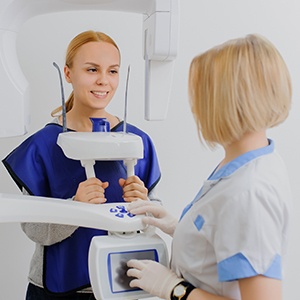 Woman receiving 3 D C T x-ray scan
