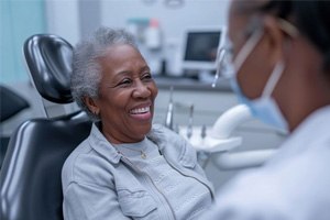 Smiling older woman in dental treatment chair