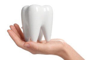 Hand holding large tooth model against neutral background