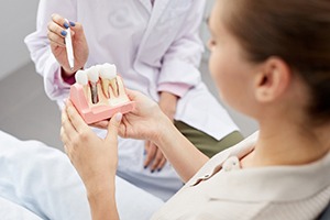 Dentist using model to answer patient’s questions about dental implants