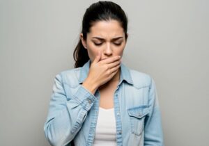 Woman with sore and inflamed gums covering her mouth
