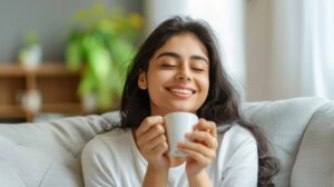 Happy woman holding a cup of coffee