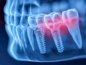 Digital image of dental implant with red line to represent infection